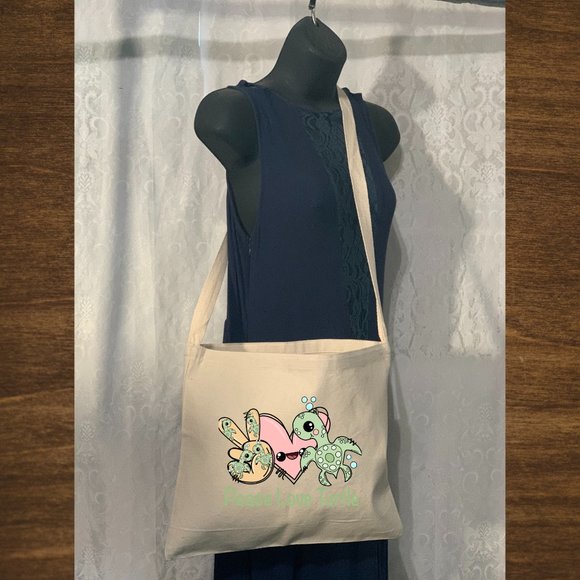 Peace Love Turtle Cotton Canvas Crossbody Messenger Tote Bag with Long Strap - Picture 1 of 2